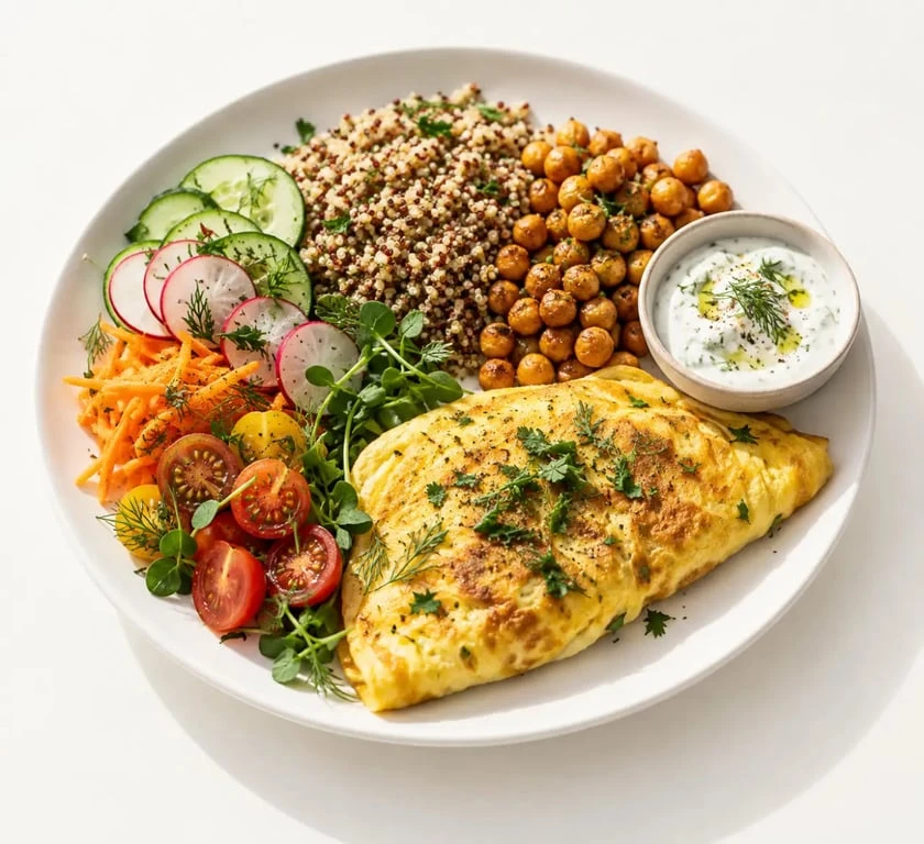 Repas riche en proteine avec omelette, quinoa, pois chiches et crudités