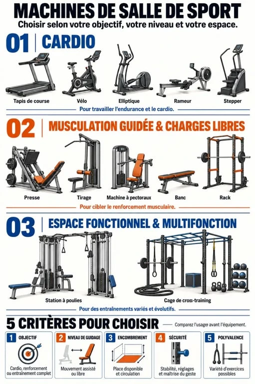 Infographie des machines de salle de sport classées par usage, niveau de guidage et encombrement
