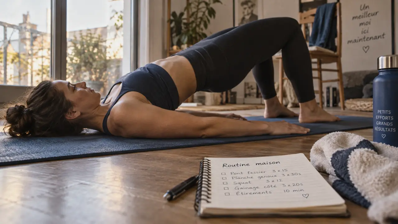 Femmes fitness : pont fessier et planche à la maison sur tapis près de la fenêtre