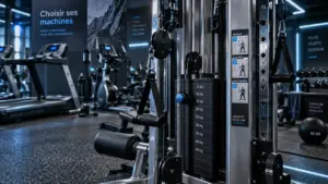 Machines de salle de sport en salle de sport moderne, station à poulies et réglages