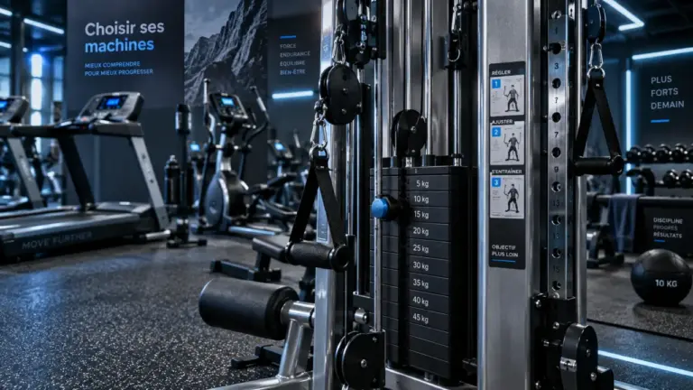 Machines de salle de sport en salle de sport moderne, station à poulies et réglages