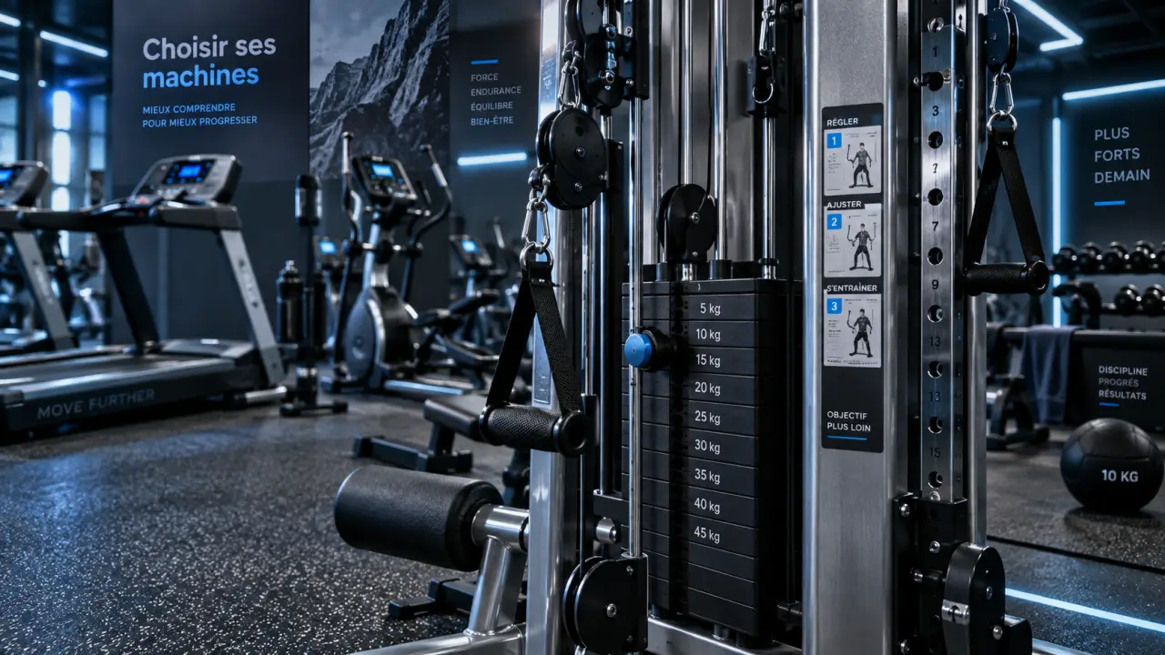 Machines de salle de sport en salle de sport moderne, station à poulies et réglages