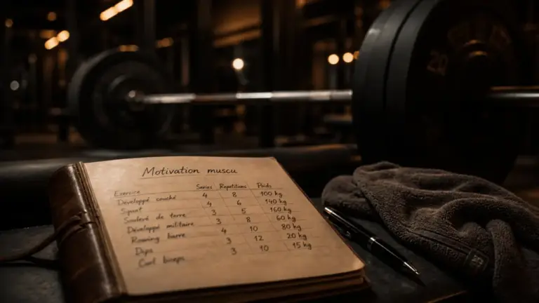 Motivation musculation : carnet d’entraînement en salle sombre