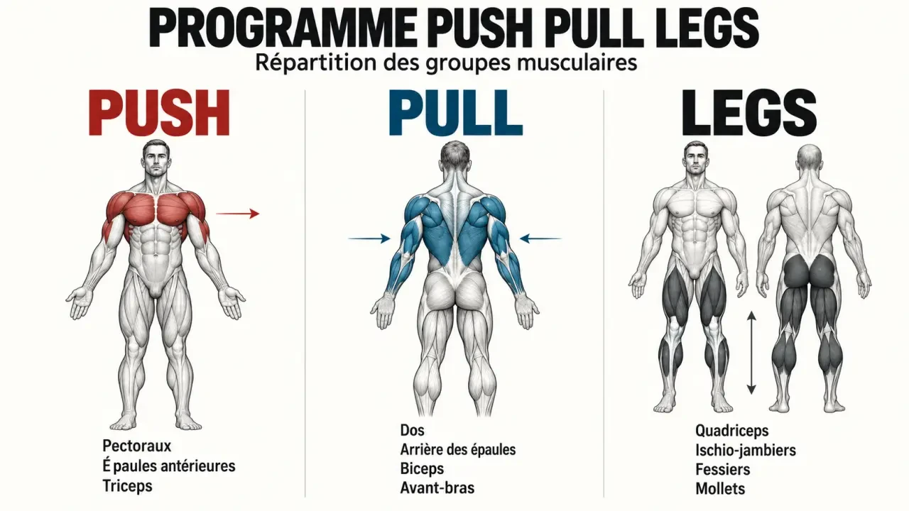 Répartition musculaire du programme push pull legs entre séances push, pull et legs