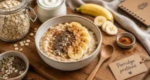 Porridge flocons d'avoine musculation, bol et flocons d’avoine