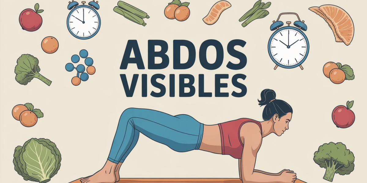 personne fait planche abdos entourée d'aliments et horloges motivation