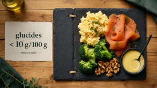 Aliments pauvre en glucide : assiette low carb œufs, saumon et brocoli (moins de 10 g glucides/100 g)