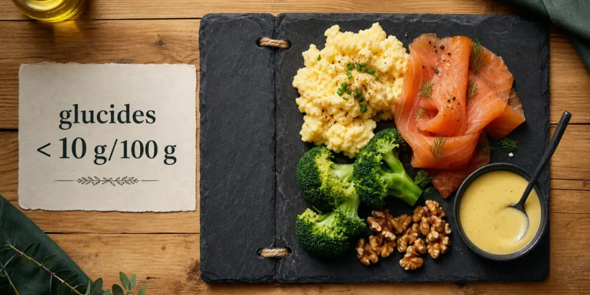 Aliments pauvre en glucide : assiette low carb œufs, saumon et brocoli (moins de 10 g glucides/100 g)