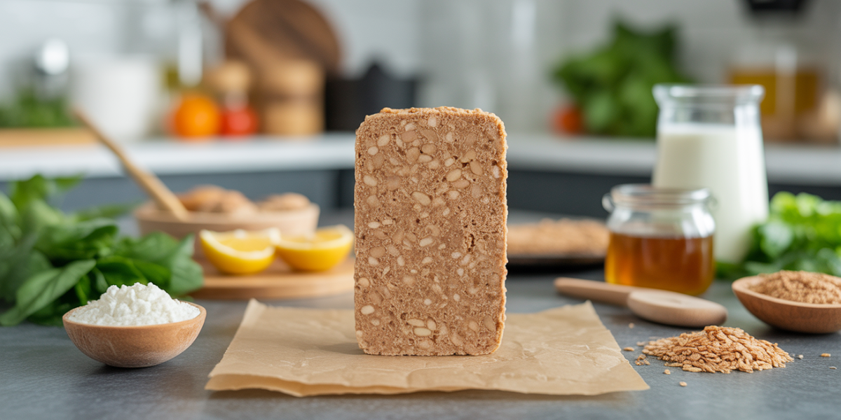 grande barre protéinée whey maison et ingrédients sur fond cuisine moderne