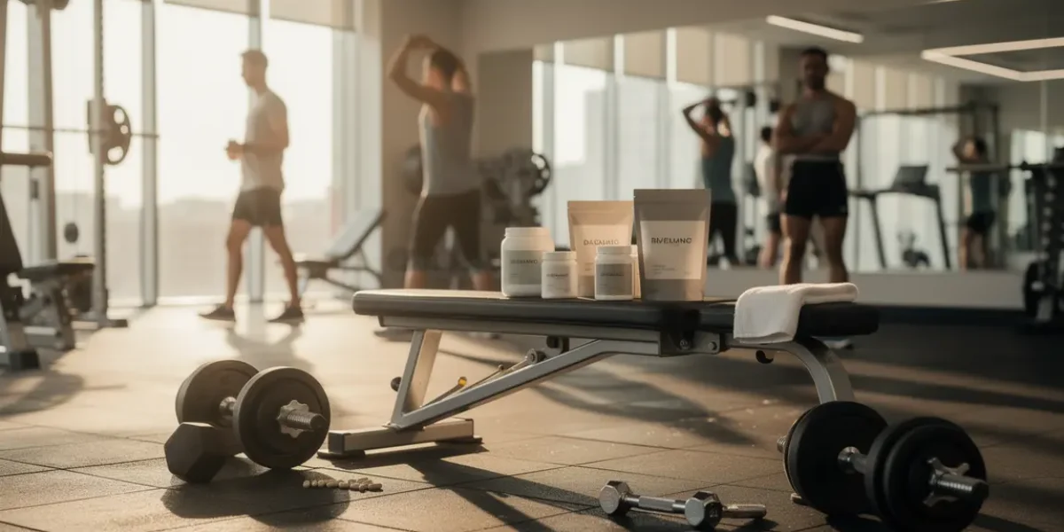 booster pre workout poudres capsules sur banc salle de sport