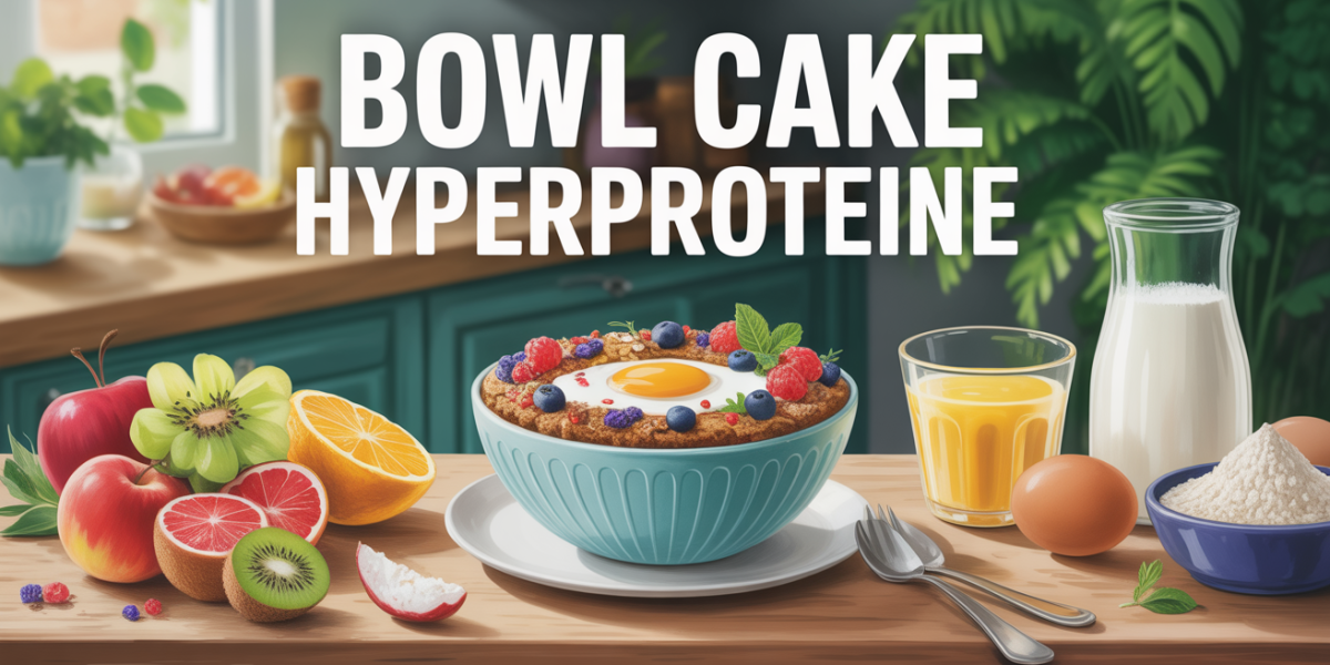 Bowl cake protéiné avec fruits, avoine, oeufs pour petit-déjeuner