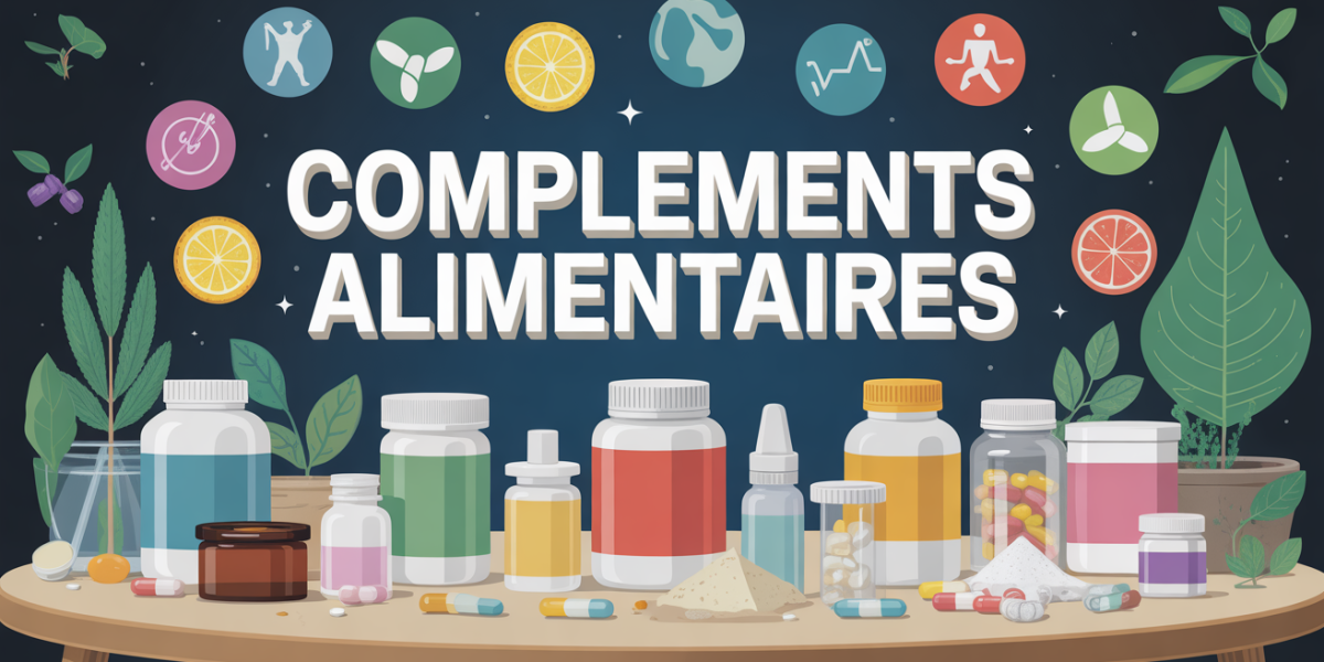 Assortiment de complements alimentaires pilules gelules poudre sante sport