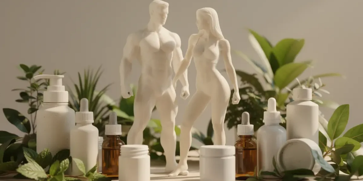 Silhouettes musculation hommes femmes CrazyBulk flacons et plantes