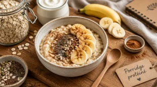 Porridge flocons d'avoine musculation, bol et flocons d’avoine