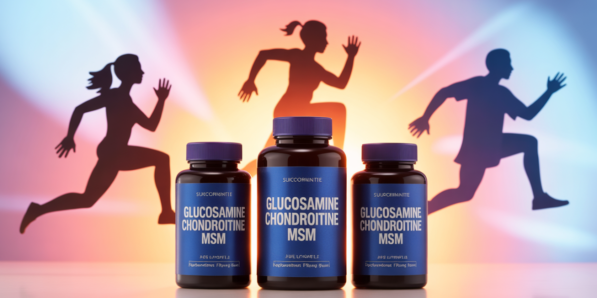 Trio flacons Glucosamine Chondroïtine MSM sur table fond lumineux