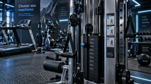 Machines de salle de sport en salle de sport moderne, station à poulies et réglages