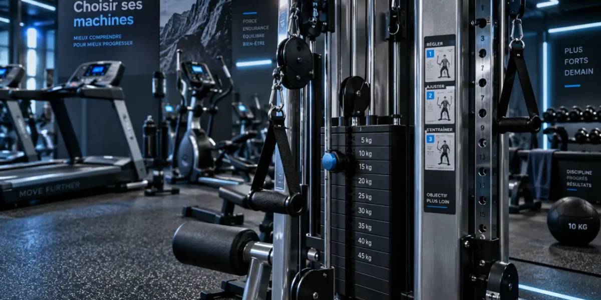 Machines de salle de sport en salle de sport moderne, station à poulies et réglages
