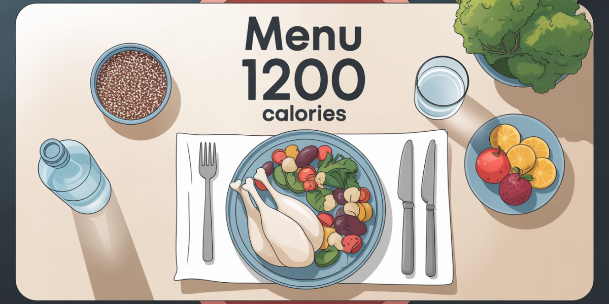 Plat équilibré menu 1200 calories avec poulet, légumes, quinoa et eau