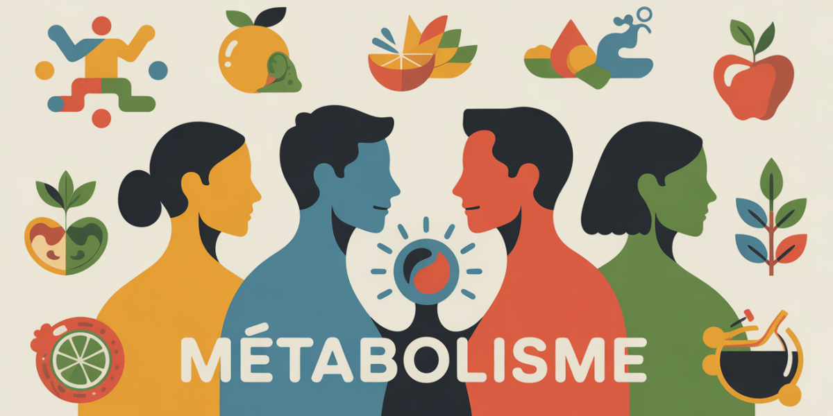 Silhouettes dynamiques seniors autour icones metabolisme