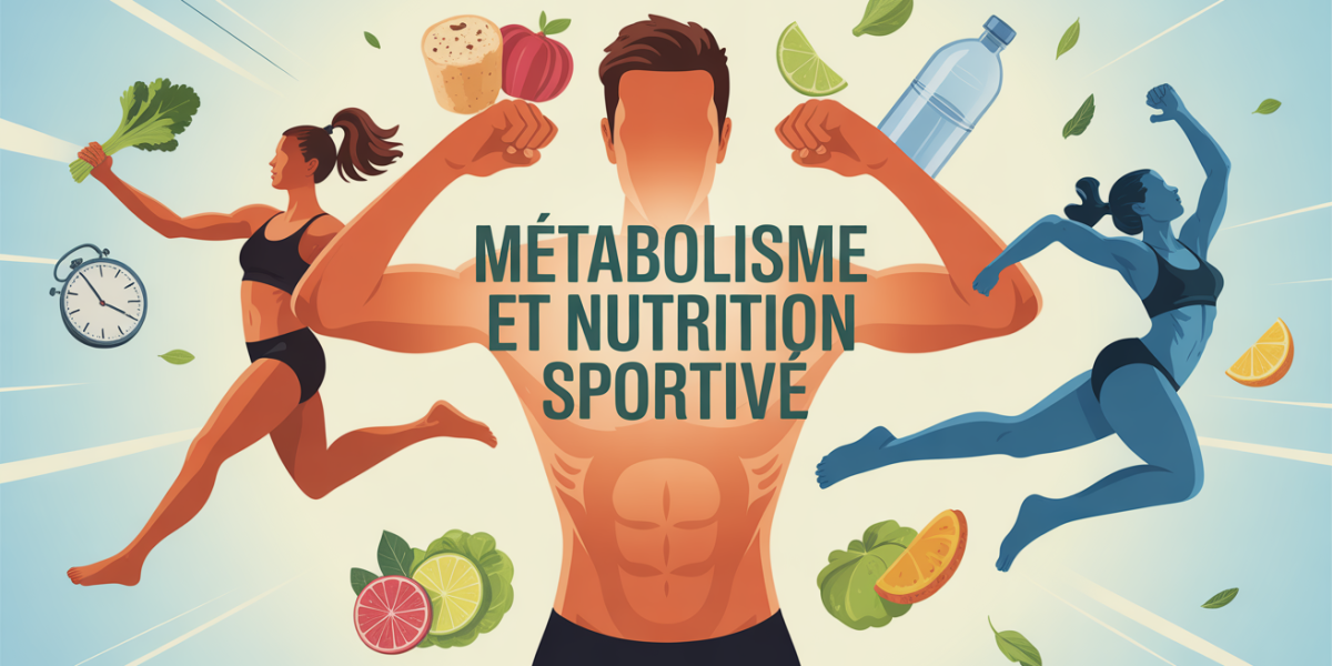 Illustration metabolisme nutrition sportive silhouettes aliments eau