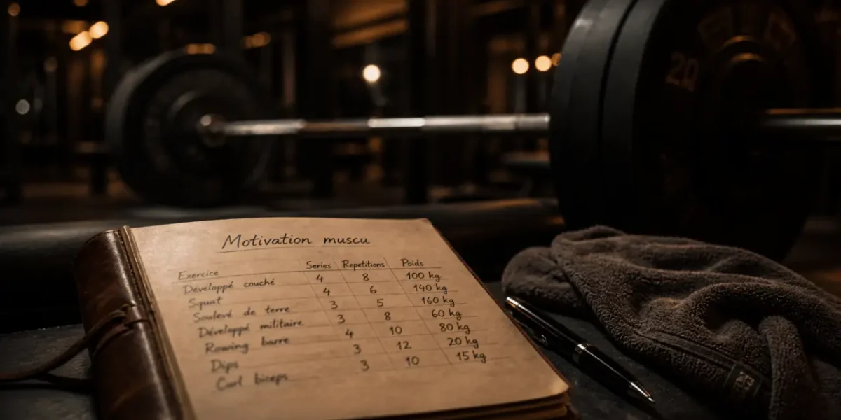 Motivation musculation : carnet d’entraînement en salle sombre