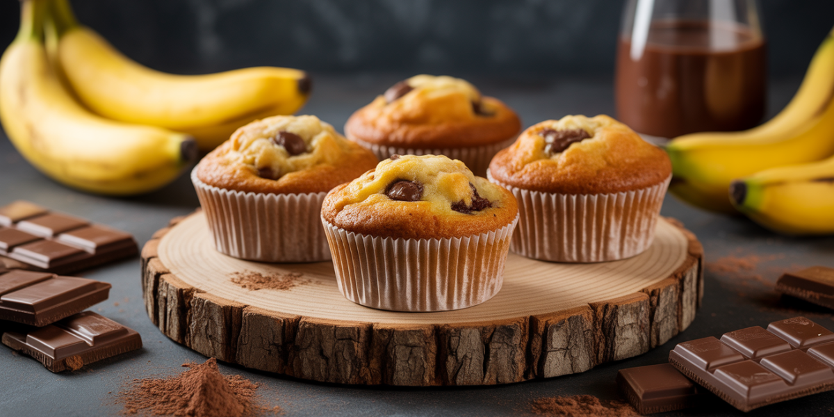 Muffins banane chocolat healthy sortis du four sur plateau bois