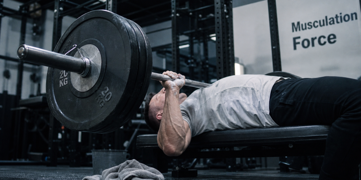 Musculation pour la force : athlète au développé couché lourd