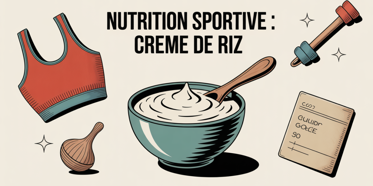 bol creme de riz musculation sur fond clair avec haltere et accessoires sportifs