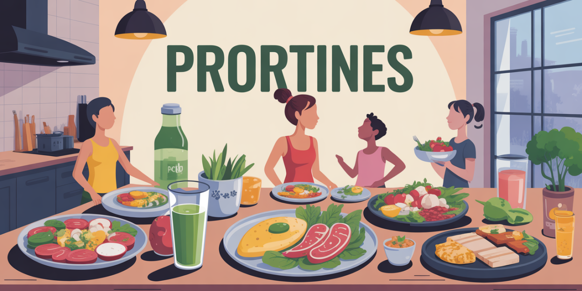 Cuisine moderne avec plats riches en protéines et silhouettes familiales