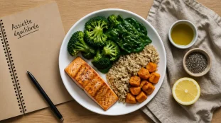 Quoi manger en regime : assiette type minceur, saumon, quinoa et légumes