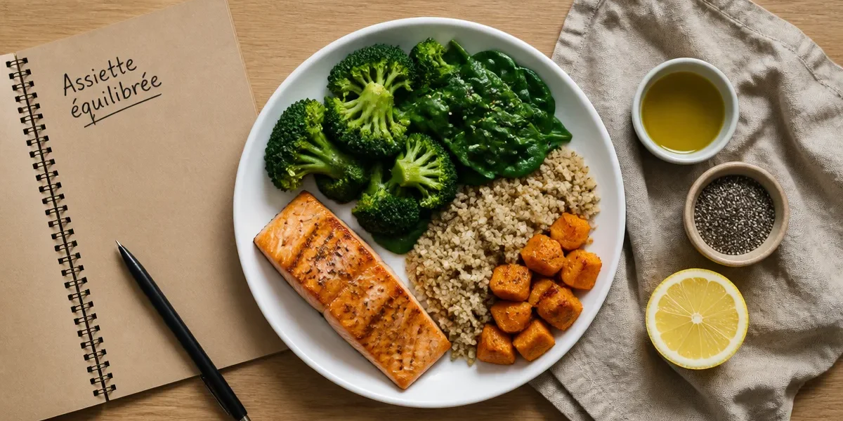 Quoi manger en regime : assiette type minceur, saumon, quinoa et légumes