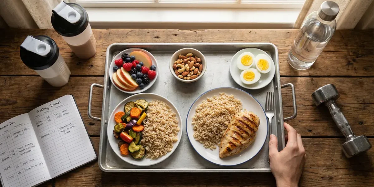plateau repas prise de masse musculation blanc de poulet riz legumes fruits oeufs noix shakers bouteille eau carnet haltere