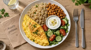 Repas riche en proteine : assiette sans poulet (omelette, quinoa, pois chiches)