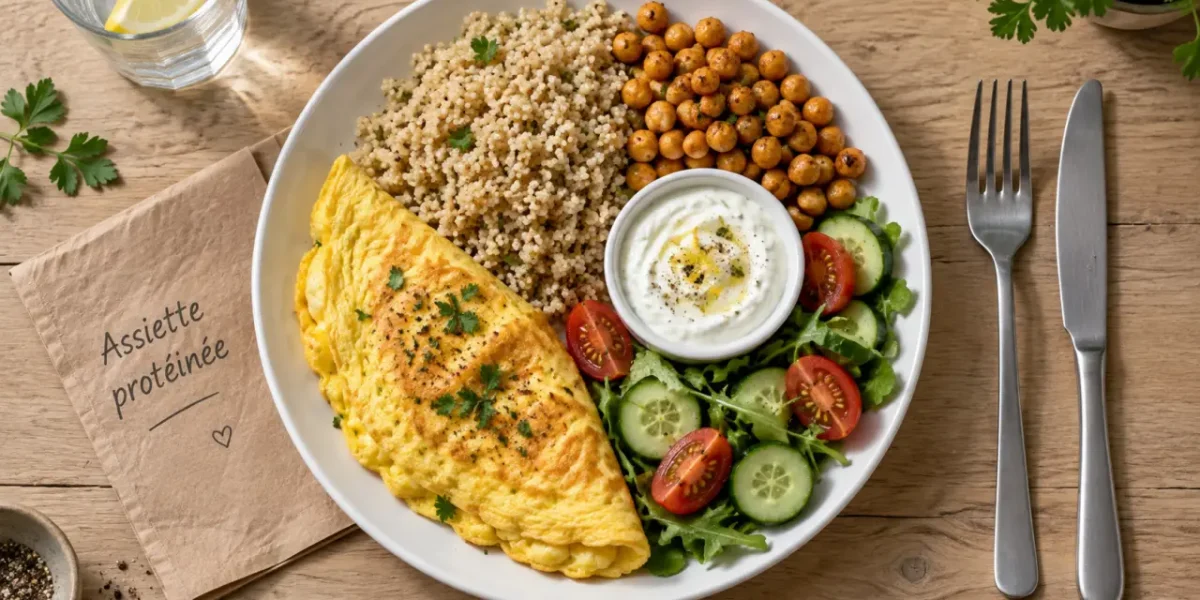 Repas riche en proteine : assiette sans poulet (omelette, quinoa, pois chiches)