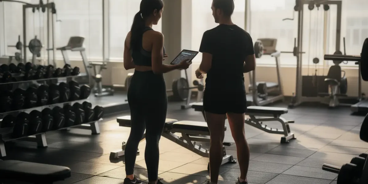 Coach montre plan entraînement reprise musculation
