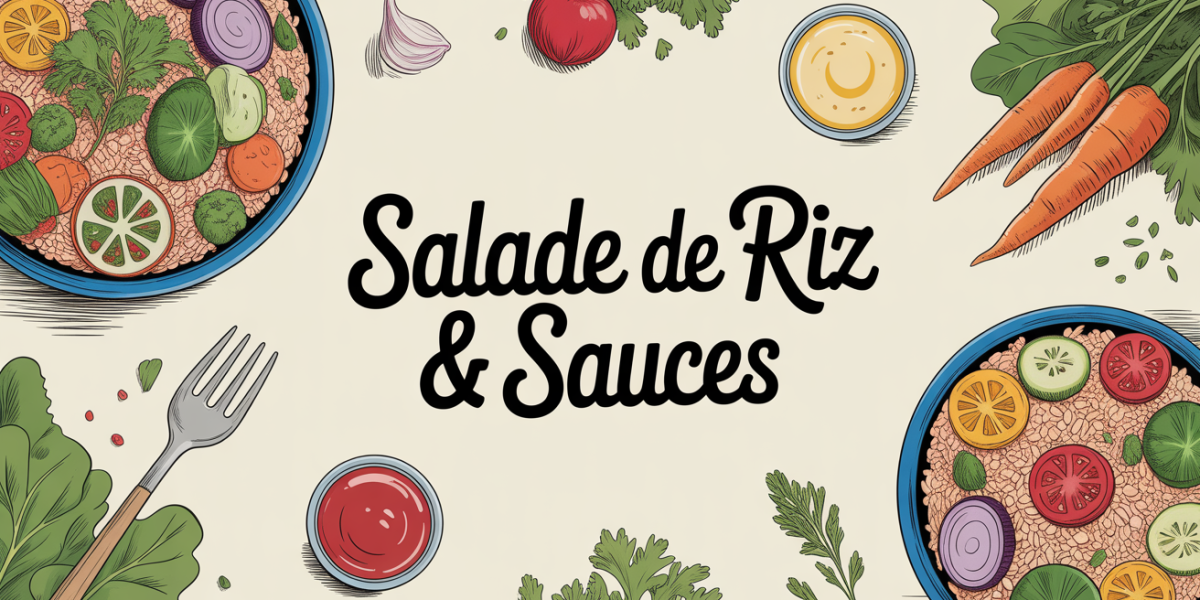 Salade de riz colorée avec bols de sauces, ambiance familiale