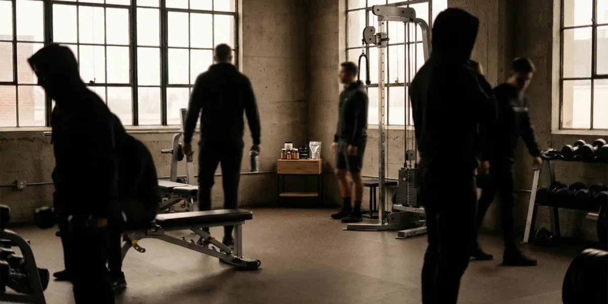 Salle de musculation, silhouettes s'entraînant, produits dopants sur table