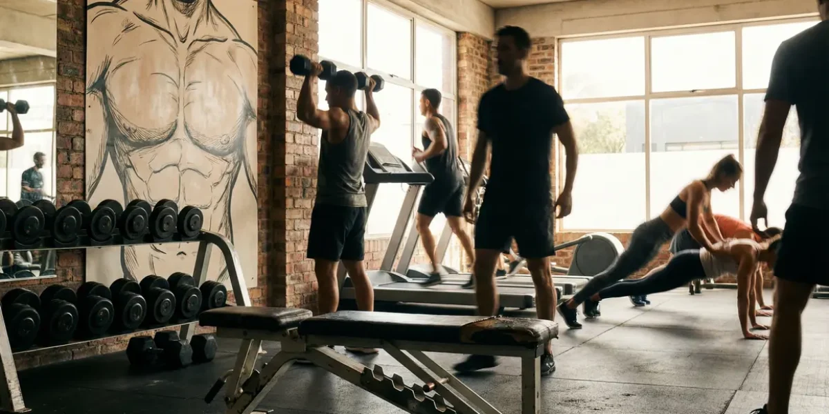 Salle de musculation avec banc et haltères pour exercices pectoraux