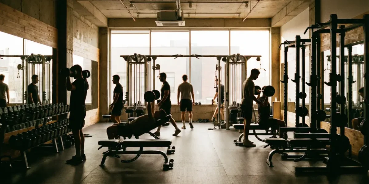 Salle musculation split zones haltères machines bancs