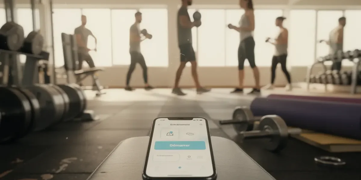 Salle de sport moderne avec application musculation sur smartphone
