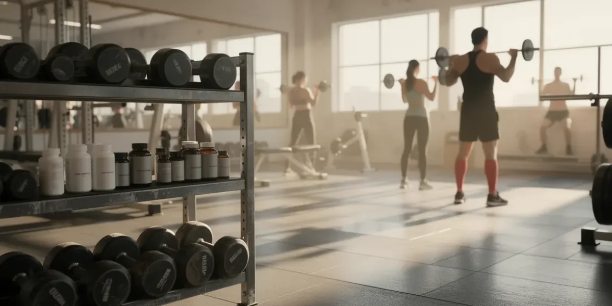 Salle de sport lumineuse avec complements Probolan 50 pour musculation