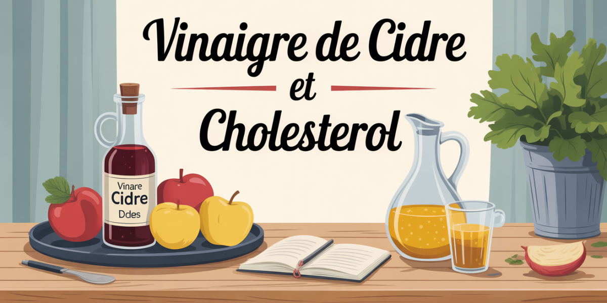 vinaigre de cidre bouteille sur table avec pommes et carnet, cholesterol